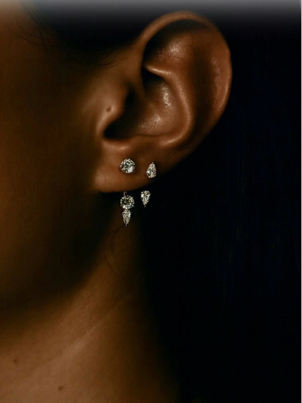 NOA Floating Triple Diamond Stud Earrings Yellow Gold NWT